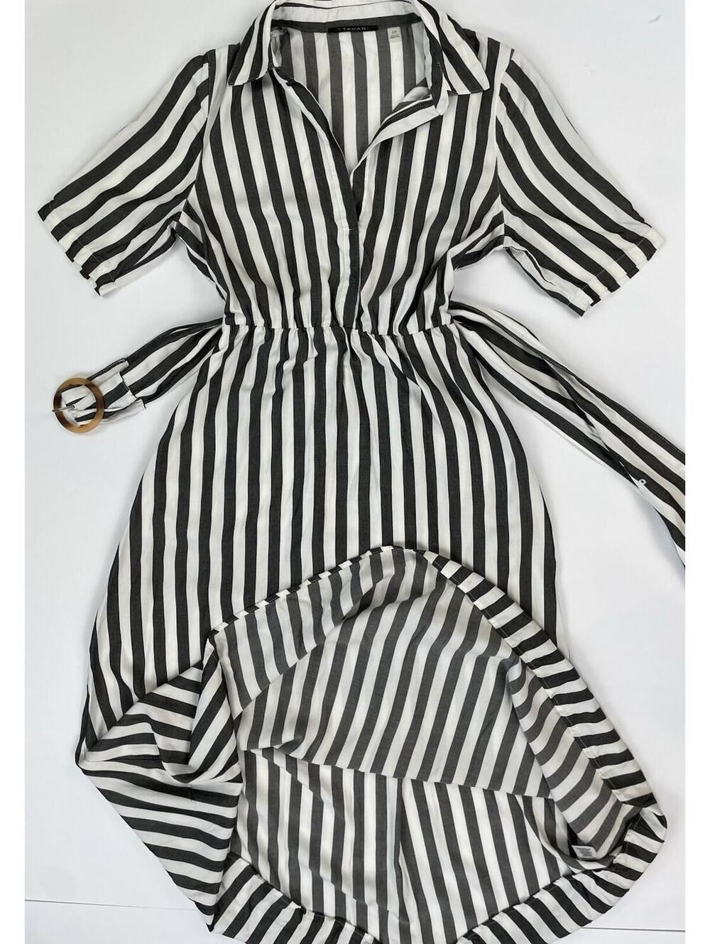 T Tahari Women's Charcoal Black White Striped Belted Shirtdress  Nautical SM - Picture 2 of 11